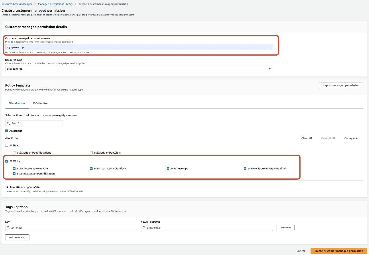 Figure 4: Create a customer managed permission with only write actions