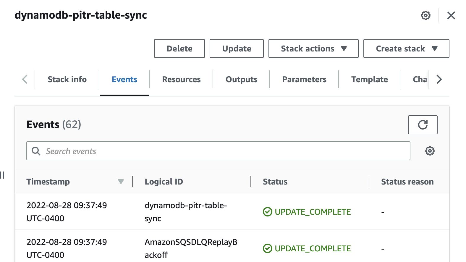 CloudFormation Stack Events Tab