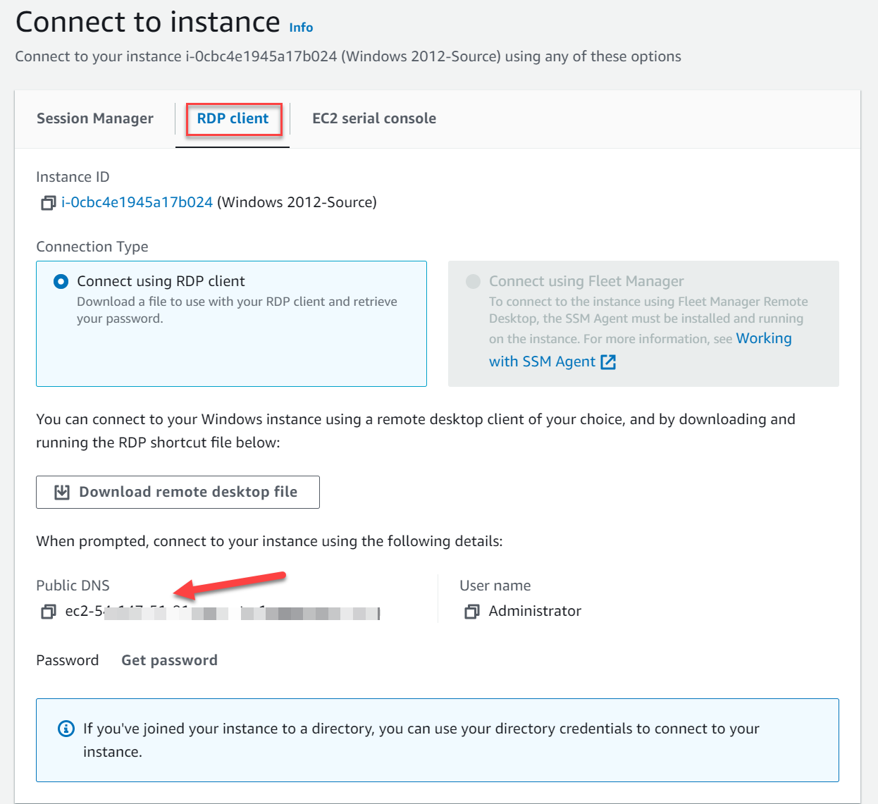 RDP connection to the instance