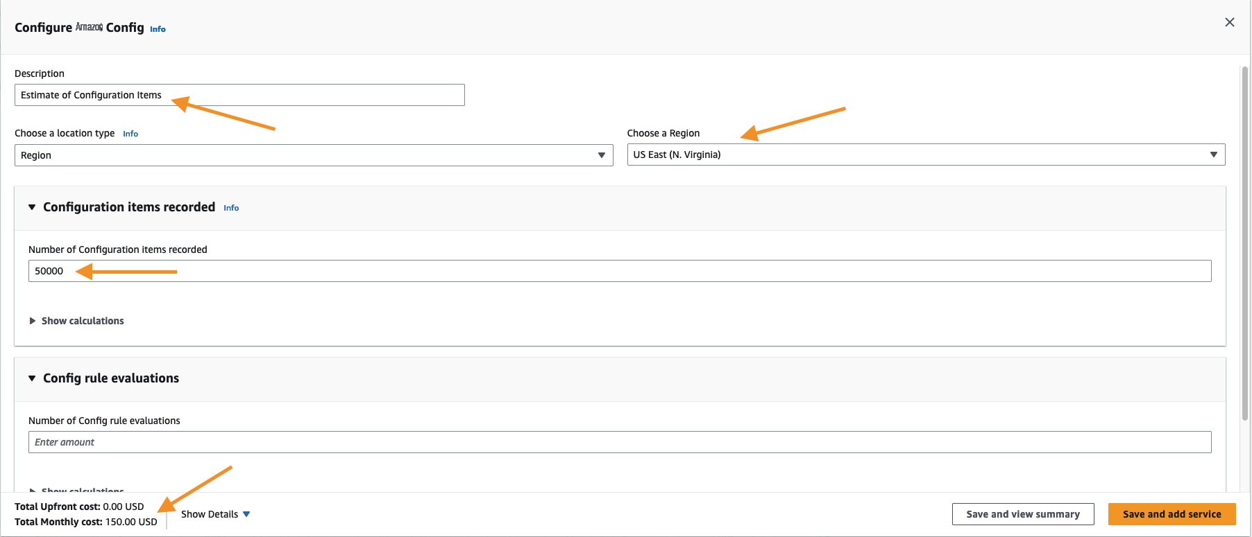 Create an Estimate screen for configuring AWS Config values for the AWS Pricing Calculator.