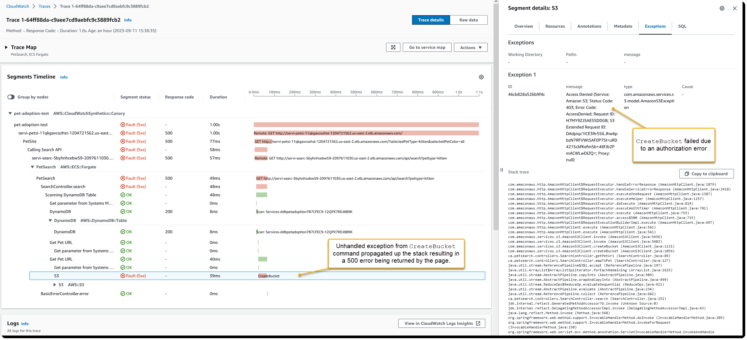 Screenshot of details for a single trace showing the segment timeline and the stack trace associated to the exception raised in one of the subsegments.