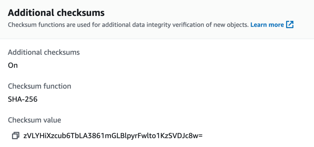 text: Amazon S3 console checksum enabled and displaying a SHA256 checksum base64 encoded.