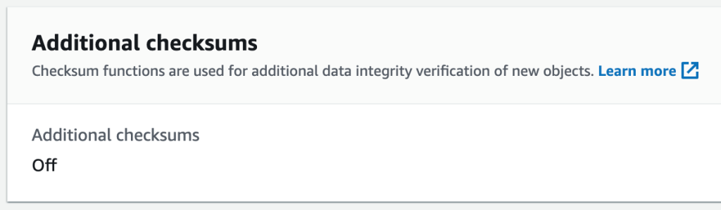 Amazon S3 console checksum off