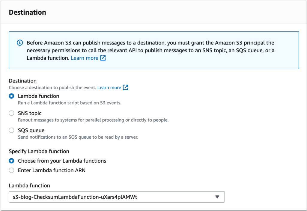 Amazon S3 specify lambda for event section, showing Lambda function selected as the destination