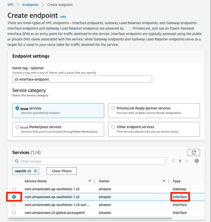 Figure 3a: Create Interface endpoint for s3