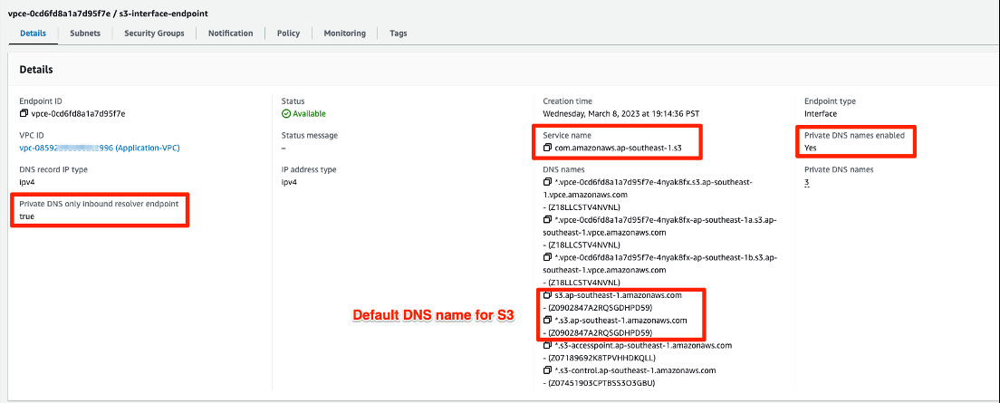 Figure 4a: Details of the interface VPC endpoint