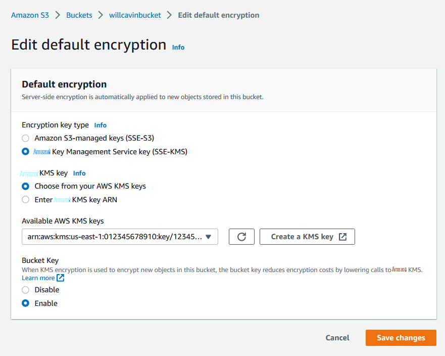 Figure 3 Example default encryption configuration to enable S3 Bucket Keys