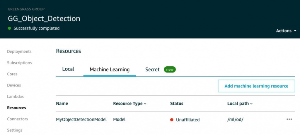 greengrass console screenshot showing unaffiliated ml resource