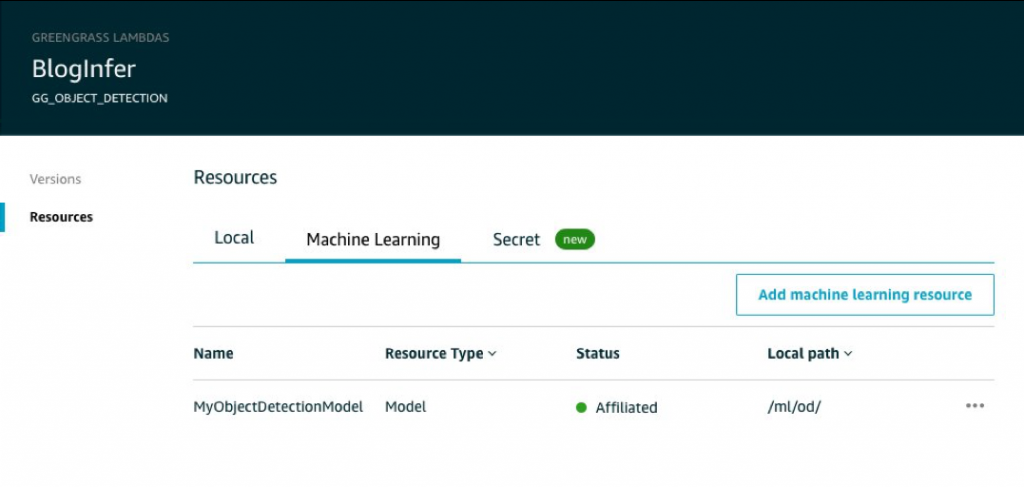 screenshot of greengrass console showing affliated ML resource