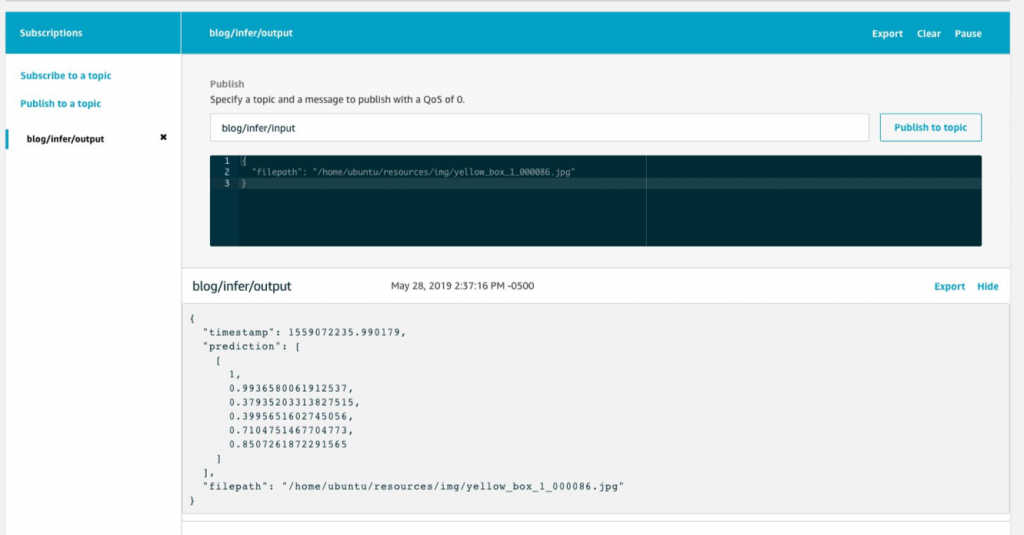 screenshot of IOT console testing inference on lambda